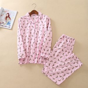 Roze Pyjama Sets Vrouwen Schattige Teckel Print 2 Stuks Set Lange Mouw Top Elastische Taille Broek Geborsteld Katoenen Pyjama s7N002