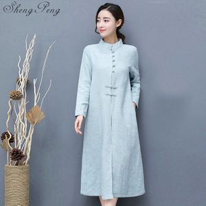 Vintage traditionele Chinese vrouwen lange jurk oosterse Chinese linnen volledige mouw losse grote maat vrouwen jurken CC404