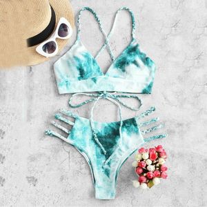 Vrouwen Bikini Set Gedrukt Cross Badpak Tweedelige Gevuld Beha Bandage Lady Badmode Beachwear Hoge Taille Femme Biquini # t1G