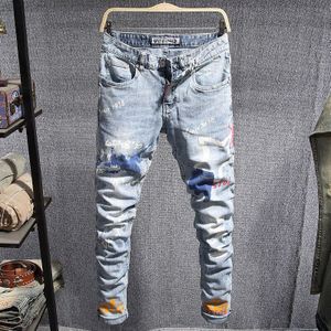 Nieuw Streetwear Mannen Jeans Licht Blauw Slim Fit Gedrukt Jeans Mannen Elastische Denim Potlood Broek Hip Hop Jeans homme