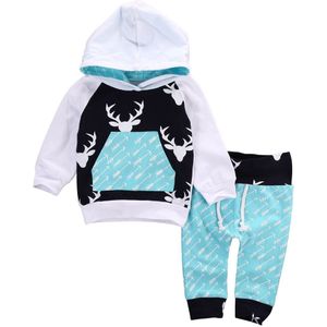 Kerst Pasgeboren Baby Baby Meisjes Jongens Herfst Winter Kleding 2 Stuks Lange Mouw Hooded Herten Print Sweatshirt Tops + Broek 0-5Y