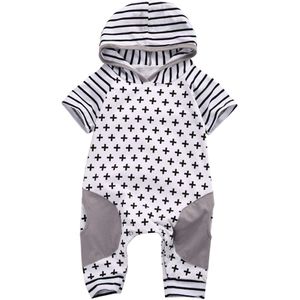 Pasgeboren Baby Jongens Xmas Katoen Korte Mouw Hooded Romper Geometrische Gestreepte Jumpsuit Outfits Pak Kleren