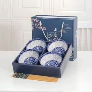 4 Stks/set Keramische Servies Geluk Kat Servies Set Blauw En Wit Porseleinen Kom Keramische Kom Box Diner Sets Bone china