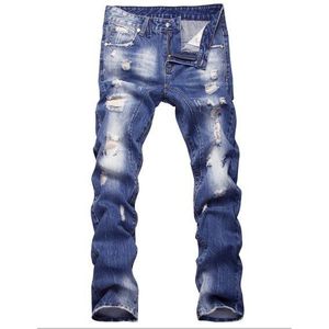 mannen mode-ontwerper vernietigd ripped jeans heren hiphop biker wassen blauwe denim broek straight slim casual motorfiets jeans
