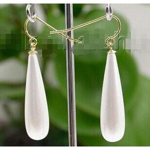 Aaa 8*30Mm Drip Witte Zee Shell Parels Earring Gold Loop J8687&gt; Mooie Fijne Adel Dame vrouwen Oorbellen