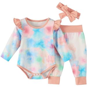 Pasgeboren Baby Meisjes Outfits 3-Delige Set Mode Tie-Dye Gedrukt Flying Mouwen Jumpsuit + Broek + hoofdband Pak