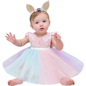 Leuke Peuter Kid Baby Meisje Mouwloze Regenboog Lovertjes Kant Prinses Romper Jurk