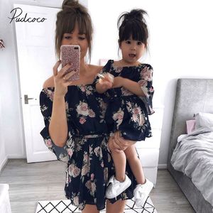 Familie Bijpassende Jurk Moeder en Dochter Bijpassende Meisjes Bloemen Outfits Kleding Chiffon Mini Jurken Off Shoulder Gown