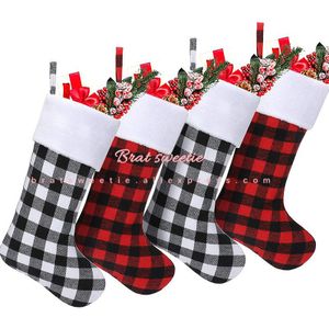 Rode Buffalo Plaid Kerstcadeau Kousen Tassen Controleren Pluche Kous Met Faux Fur Manchet Voor Kerstboom Opknoping Decoraties