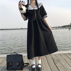 Gothic Lolita Kleding Meisjes Zwarte Lange Jurk Kawaii Bow-Niet Navy Kraag Zomer Fee Leuke Japanse Loli Lolita jurk BL4266