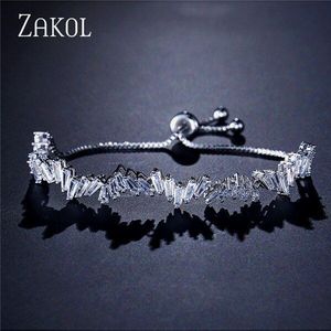 Zakol Mode Shinny Aaa Kubieke Zirkoon Baguette Verstelbare Ketting Armband &amp; Bangle Voor Vrouwen Meisje Bruiloft Sieraden FSBP161