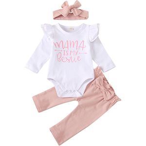 Pasgeboren Baby Meisjes Kleding Sets Baby Lange Mouw Brief Afdrukken O-hals Romper Bodysuit Roze Broek Herfst Casual Outfits