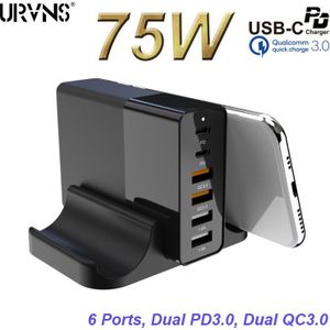 Urvns 75W 6 Poort Type-C Pd Travel Charger Adapter Met 2 USB-C Pd & 2 Qc 3.0 snel Opladen Voor Macbook Pro, Ipad Pro