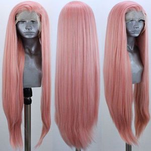 Bombshell Perzik Roze Rechte Hand Gebonden Synthetische 13*3 Lace Front Pruik Lijmloze Hittebestendige Vezel Haar Zijscheiding voor Vrouwen