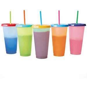 Herbruikbare Warmte Kleur Veranderende Koude Kopjes Zomer Magic Plastic Koffie Mokken Water Flessen Met Rietjes Set Zomer