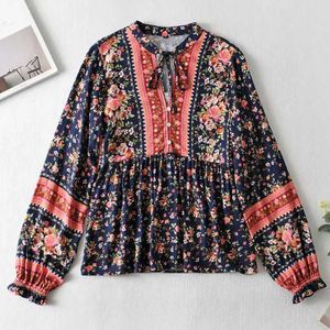 Boho Geïnspireerd Vrouwen Bloemen Gedrukt V-hals Gebonden Boho Blouse Shirts Dames Katoen Lange Mouwen Blouses Bohemian Vrouwen Tops