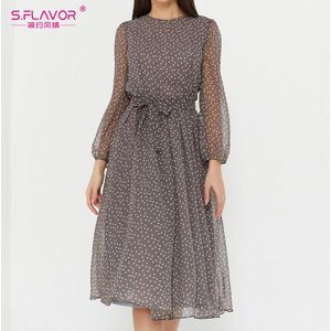 S. Smaak Dot Print Lange Mouwen Vrouwen Jurken Winter Casual O Hals Chiffon Een Lijn Jurk Vintage Party Vestidos