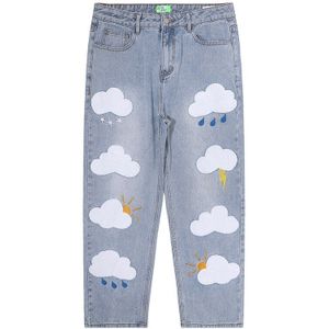 Mannen En Vrouwen Cloud Handdoek Borduren Retro Blauw Zwarte Jeans Broek High Street Gewassen Straight Losse Toevallige Denim Broek