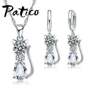 Oostenrijkse Kristal 925 Sterling Zilveren Sieraden Sets Voor Vrouwen Leuke Kat Water Crystal Hanger Ketting Set