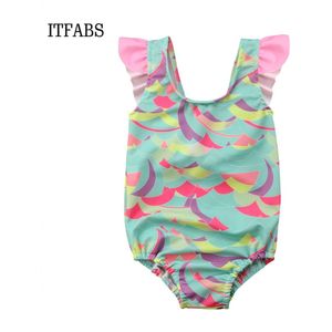 Zomer Mooie Meisjes Kids Een Stuk Badpak Gedrukt Ruches Mouw Bikini Badmode Beachwear Zwemmen Pak Kostuums 2- 7 t