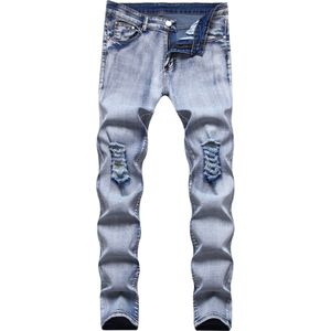 Vintage Blauw Skinny Jeans Mannen Mode Knie Ripped Hole Verontruste Stretch Jeans Man Casual Kwastje Denim Potlood Broek Streetwear
