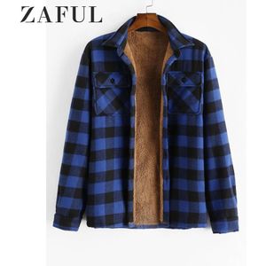 Zaful Mannen Winter Warm Pluche Slanke Shirts Lange Mouw Gestreepte Plaid Print Blouse Voor Mannen Pluche Knop Plaid jas