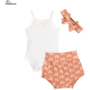 Baby Zomer Kleding Baby Baby Meisjes Gebreide Jarretelle Romper Top + Print Korte Broek Hoofdband 3 Stuks Pak Set