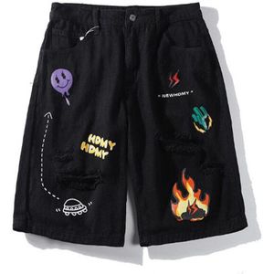 Fire Flame Cactus Print Vernietigd Ripped Baggy Denim Jean Shorts Streetwear Hip Hop Casual Jeans Korte Broek Zwart