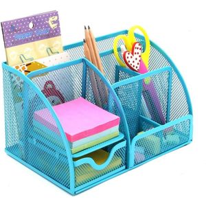 Kantoorbenodigdheden Mesh Desk Organizer Desktop Potlood Houder Accessoires Caddy Met Lade, 7 Compartimenten, Blauw