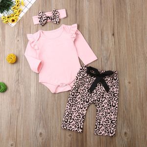 Pudcoco Pasgeboren Baby Meisje Kleding Fly Mouwen Breien Katoenen Romper Tops Luipaard Print Lange Broek Hoofdband 3Pcs Outfits Kleding