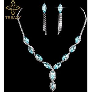 TREAZY Luxe Bruids Sieraden Sets Hemelsblauw Kleur Crystal Ketting Oorbellen Sieraden voor Vrouwen Bruiloft Accessoires