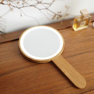 Craftsman Gemaakt Bamboe Hout Led Cosmetische Spiegel, Licht En Helderheid Kan Worden Aangepast. Eenvoudige Stijl Hand-Held Schoonheid Spiegel