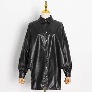Twotwinstyle Casual Pu Leather Jacket Voor Vrouwen Revers Lange Mouwen Effen Losse Jassen Vrouwelijke Mode Kleding Herfst