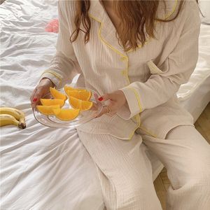 Nachtkleding Vrouwen Lente/Herfst Japanse Stijl Eenvoudige Comfortabele Pure Kleur Katoenen Pyjama Set Dames Lange Mouw Broek