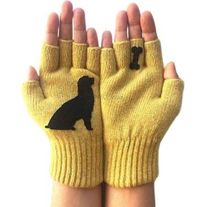 Womens Winter Gebreide Vingerloze Handschoenen Kawaii Cartoon Puppy Dog Bone Print Palm Heldere Snoep Kleur Half Vinger Wanten