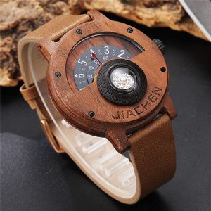 Unieke Kompas Draaitafel Nummer Mens Houten Horloge Mannen Bruin Hout Lederen Band Creatieve Natuurlijke Hout Horloges Relogio