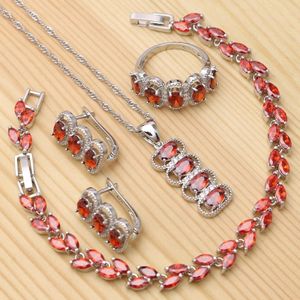 925 Zilveren Kits Engagement Sieraden Sets Voor Vrouwen Red Zirconia Ring Armband Hanger Oorbellen Ketting Set