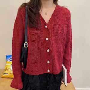 Mode Vrouwen Netto Rode Trui Jas Vrouwelijke V-hals En Najaar Koreaanse Student Hollow Top Losse Gebreide Vest