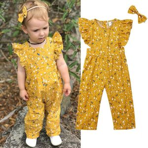 1-6Y Zomer Peuter Baby Kids Meisjes Romper Hoofdband 2 Stuks Bloemen Print Geel Romper Jumpsuit Set Kleding