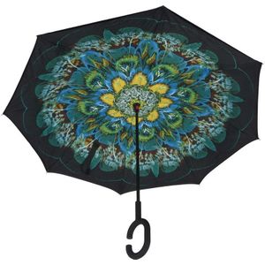 Groene Pauw Winddicht Reverse Vouwen Dubbele Laag Omgekeerde Regen Paraplu Zelf Stand Regen Bescherming C-Haak Handen Voor Auto