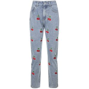 Rockmore Cherry Borduurwerk Hoge Taille Jeans Voor Vrouwen Zakken Vintage Potlood Broek Koreaanse Harajuku Streetwear Leuke Denim Joggers