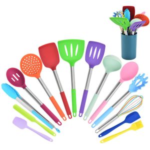 15Pcs Hittebestendige Non Stick Spatel Siliconen Anti Verbranden Soep Lepel Krasbestendig Kookgerei Set Voedsel Tong Restaurant