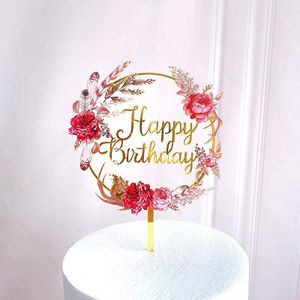 Gekleurde Bloemen Gelukkige Verjaardag Cake Topper Golden Acryl Verjaardagsfeestje Dessert Decoratie Voor Baby Shower Bakken Levert
