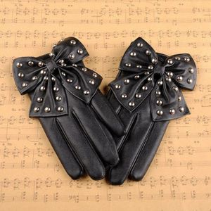 Winter Motorfiets Dame Klinknagel Butterfly Bow Soft Pu Lederen Handschoenen Voor Vrouwen Zwart Rood Mode Accessoire