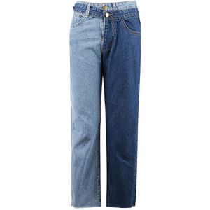 [Eam] Lente Mode Hoge Taille Patchwork Hit Kleur Afneembare Blue Jeans Straight Denim Broek Vrouwen SC08
