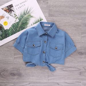 Hij Hello Genieten Meisjes Kleding Zomer Kinderkleding Korte Blauwe Mouw Denim Shirt Jas Tiener 4 6 8 10 12 Jaar