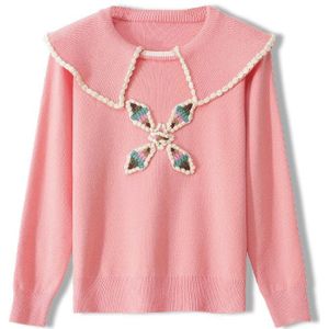 Herfst Lady Jumper Pop Kraag Trui Lange Mouwen Leuke Zoete Losse Gebreide Katoenen Roze Trui Vrouwen Trui Bloemen Borduurwerk