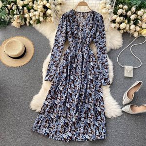 Yuoomuoo Vrouwen Herfst Lange Mouwen Vintage Maxi Jurk Bloem Print Dames Casual V-hals Lange Party Dress Vestidos De Festa