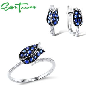 Santuzza Zilveren Sieraden Set Voor Vrouw Unieke Delicate Blauwe Tulp Bloem Cz Ring Oorbellen Set 925 Sterling Zilveren Sieraden