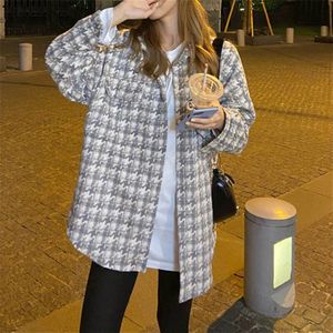 Aelegantmis Lente Koreaanse Chic Losse Houndstooth Wollen Blouse Shirt Vrouwen Zachte Warme Turn Down Kraag Overjas Vrouwelijke Toevallige